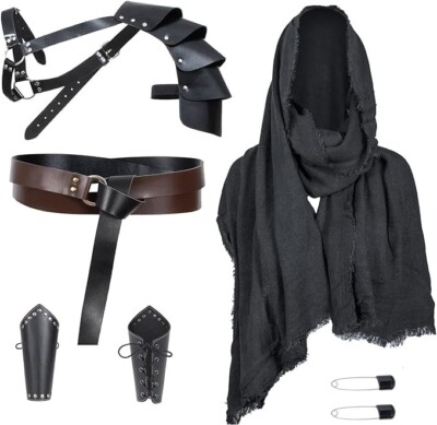 Men's Renaissance Costume Set Medieval Attire with Belt, Shawl and more NEW