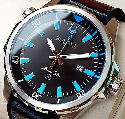 Bulova Marine Star 96B337 Black Dial Leather Silicone Strap