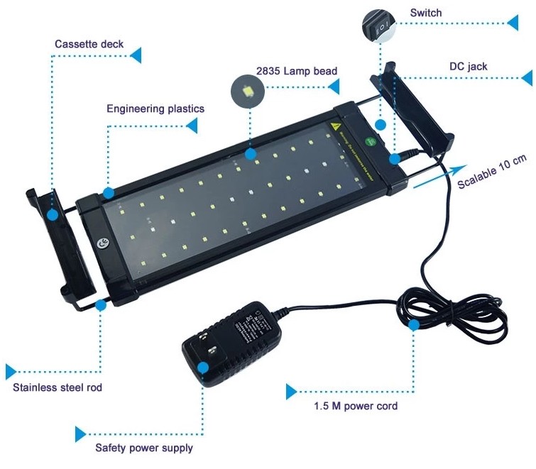 LED Aquarium Light Bar Fish Tank Lighting ZJL-60A 11w 50cm 72 LEDS Power Supply