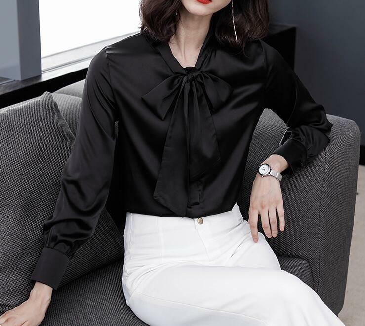 Womens Satin Silk Blouse Bow Tie V-neck Professional OL Shirts
