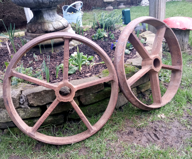 Pair of large vintage industrial cast iron wheels 55cm diameter in