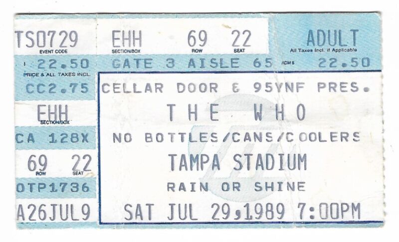 The Who 7/29/89 Tampa Stadium Rare Ticket Stub