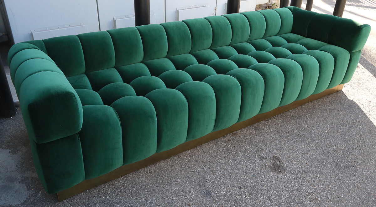 Custom Tufted Green Velvet Sofa with Brass Base eBay