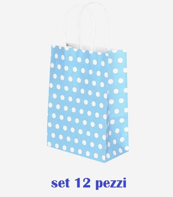 Set 12 Pezzi Buste Borsa Da Regalo Sacchetti Carta Azzurra Pois 26x32x12,5cm dfh