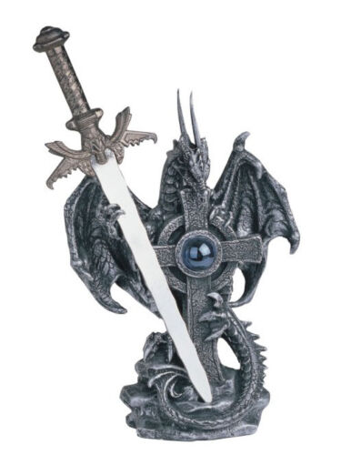 6 1/2 INCH SILVER DRAGON WITH SWORD AND CROSS FIGURINE