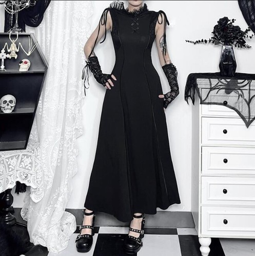 Women's Gothic Punk Lace Trim Hooded Sleeveless A Line Long