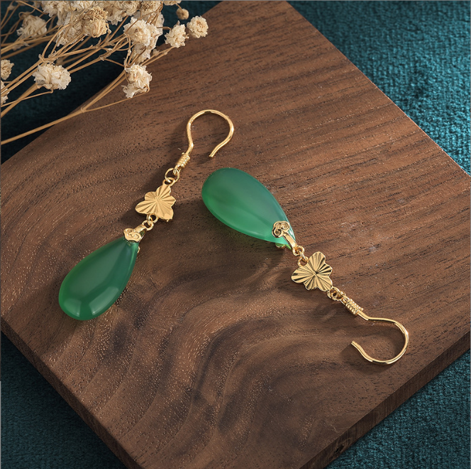 Jade Drop Dangle Earrings Flower Gemstone Boho Minimalist Hook 18K Gold Plated