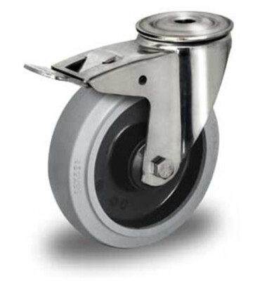 Lenkrolle mit Rückenloch und Feststeller 100 mm Elastik grau "Edelstahl"