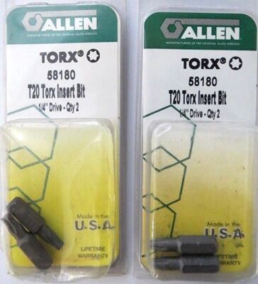 Allen 58180 2 PK T20 Torx Insert Bits 1/4'' Drive 2 Packs USA
