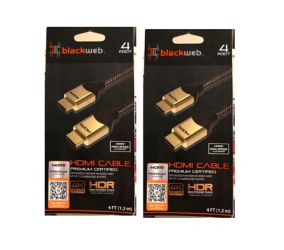 2 PACK HDMI Cable Premium 4K HDR 60Hz SIGNAL Gbps GOLD 4 FT Black Web High Speed