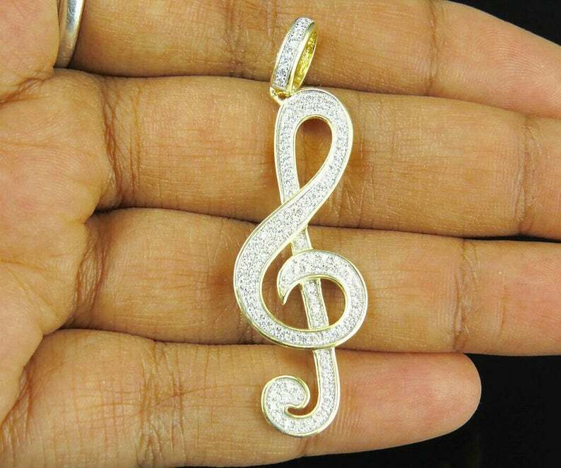 Pre-owned Online0369 Mens 1 Ct Rd Simulated Diamond Musical Notes Charm Pendant Yellow Gold Plated