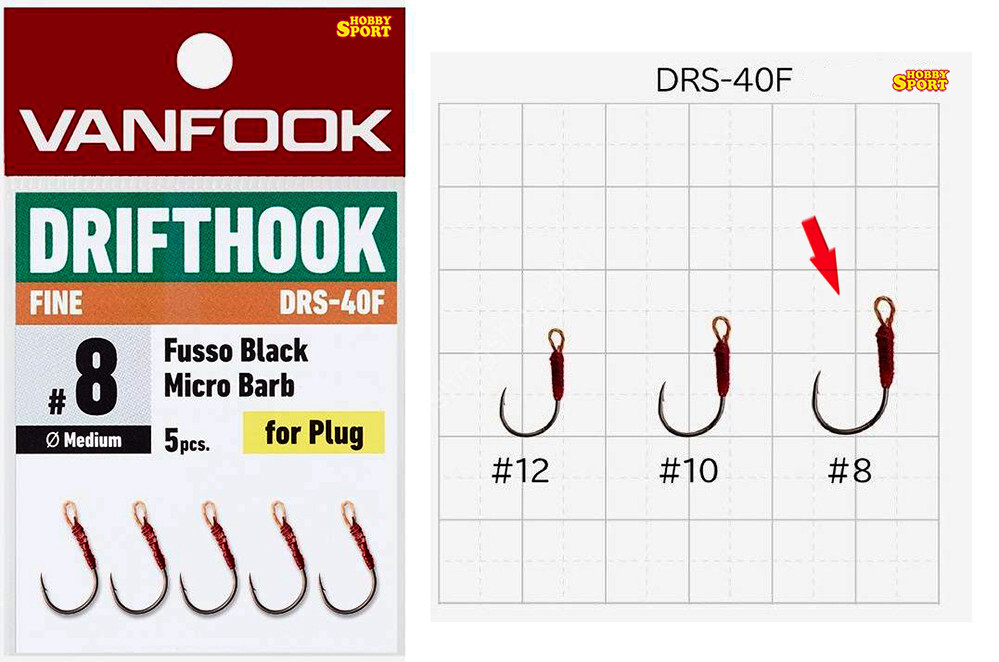 VANFOOK DRIFTHOOK DRS-40F SIZE 8 AMI MICRO BARB  PER PLUG MINNOW 5 PEZZI
