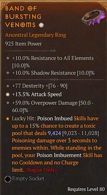   DIABLO 4   SEASON 4 S4 Rogue Ring Greater Affix Attack Speed + Dex