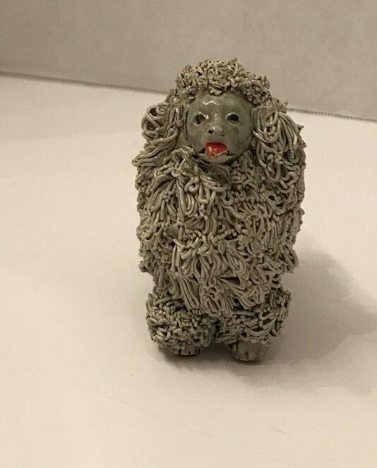 Vintage ceramic spaghetti poodle, grey with red tongue, Lefton?