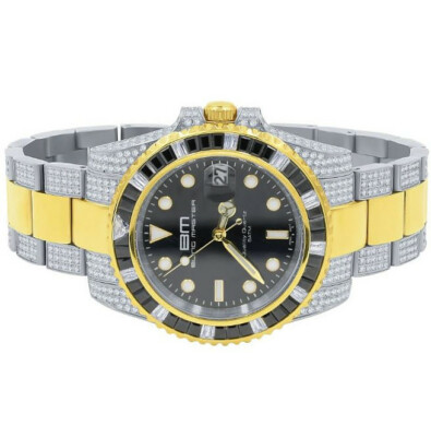 Pre-owned Bling Master Mens 18k 2 Tone Gold Finish Stainless Steel 40mm Simulated Diamond Watch W/date