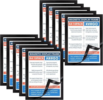 10 Cornici Magnetiche A4 Vaiigo Porta Poster Autoadesive Nero Magnetico