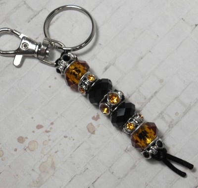 Murano Rhinestone Beaded Handmade Split Ring Keychain Hook Black Amber New