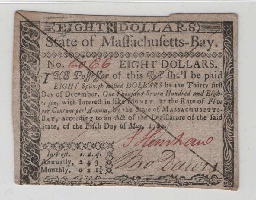 Massachusetts Colonial Note $8 Counterfeit FR#MA-284CT May 5th 1780 PMG AU55