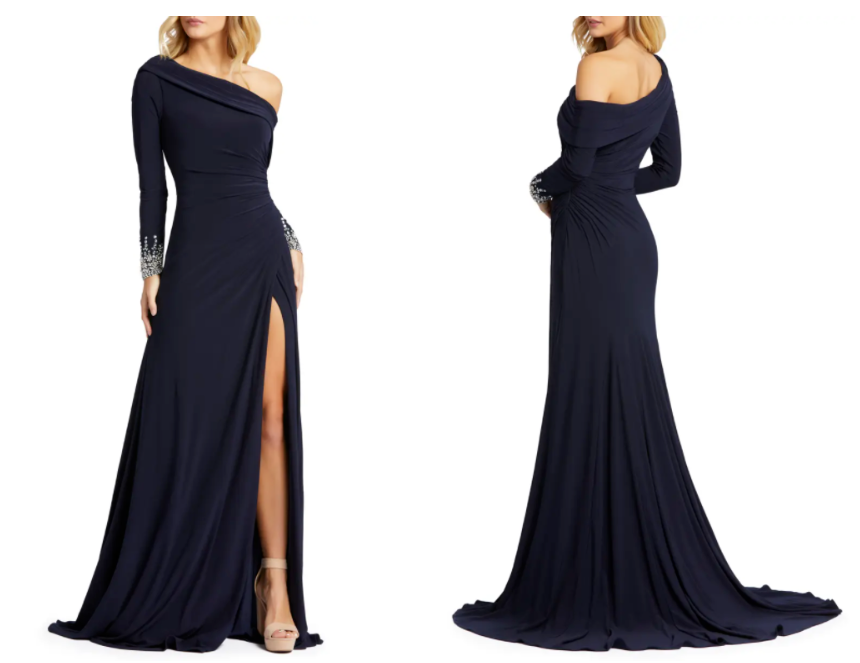 

MAC DUGGAL 12231M Midnight Асимметричное трикотажное платье с открытыми плечами, расшитое бисером, Синий