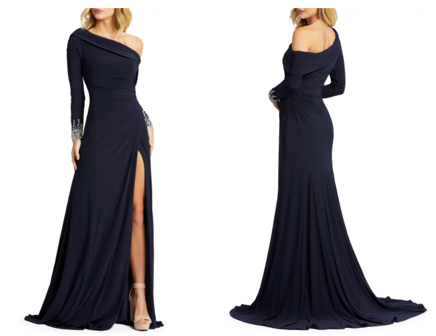 Pre-owned Mac Duggal ?  12231m Midnight Off The Shoulder Asymmetric Jersey Beaded Gown 14