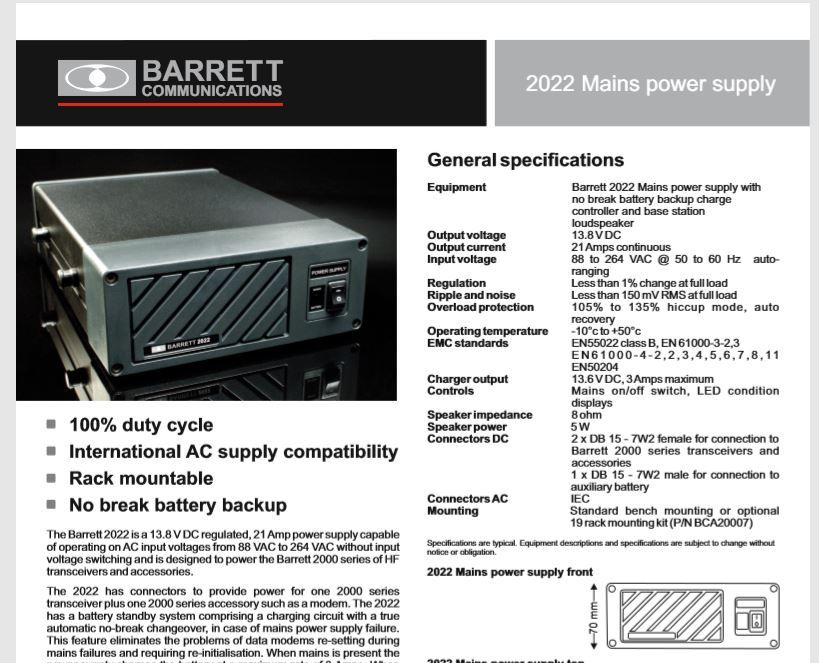 New Barrett 2050 HF SSB ALE Transceiver 500Ch 1.6-30 MHz 125W PEP w/Power Supply