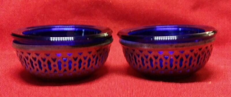 PAIR OF WHITING STERLING SILVER SALTS WITH COBALT GLASS LINERS, 2" DIA.