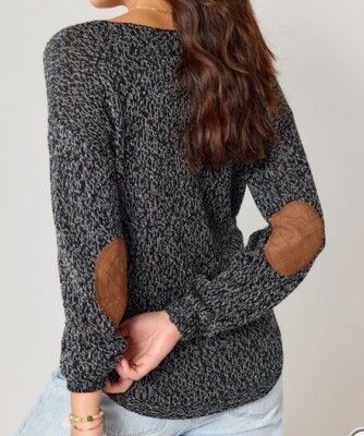 Francesca s Lonie XL Sweater Black White Elbow Patch Pullover Knit