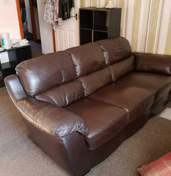 Chocolate Brown leather 3 seater sofa and matching chair in Bingley