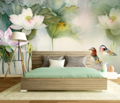 3D Lotus Mandarin Duck K1047 Wallpaper Mural Self-adhesive Removable Sticker Kay