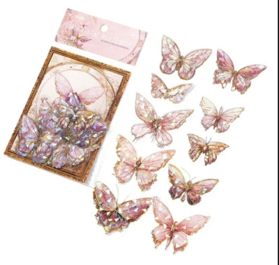 10 Pcs Ice Pink Butterfly PET Sticker- Scrapbook, Journal, Diy Crafts & Cards