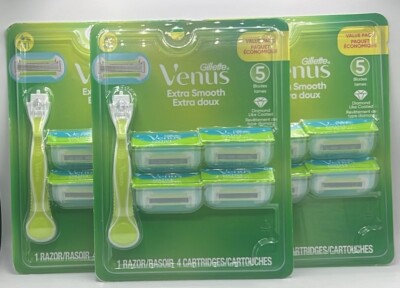 3PK Gillette Venus Extra Smooth Razor Set ~ 1 RAZOR + 4 CARTRIDGES ~ AUTHENTIC