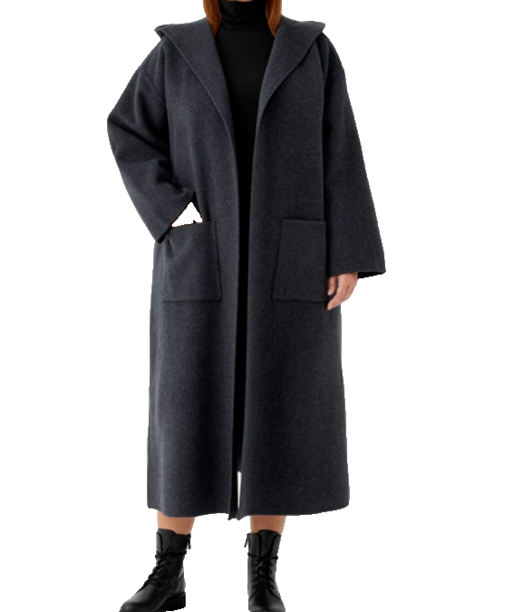 Pre-owned Eileen Fisher $598  100% Wool Hooded Long Coat Charcoal Gray Sz L