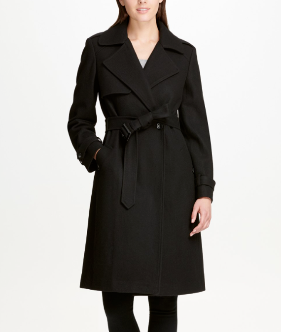 

DKNY Черный шерстяной двубортный плащ с поясом и поясом  SMALL NWD