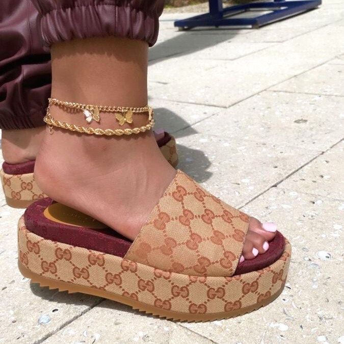 Pre-owned Gucci Angelina Gg Beige Monogram Platform Slide Sandals Size Eu 38 Us 8