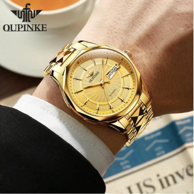 Pre-owned Oupinke Top Brand Luxury Automatic Self-wind Mechanical Watch For Men In Gold