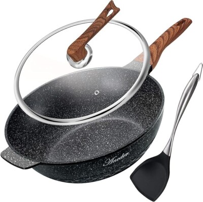 ANEDER Wok Pan Nonstick 12.5 Inch Skillet Frying Pan with Lid & Spatula Wok