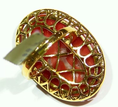 Designer 18K Gold Natural Coral White Cut Diamond Engagement Ring Vintage Retro