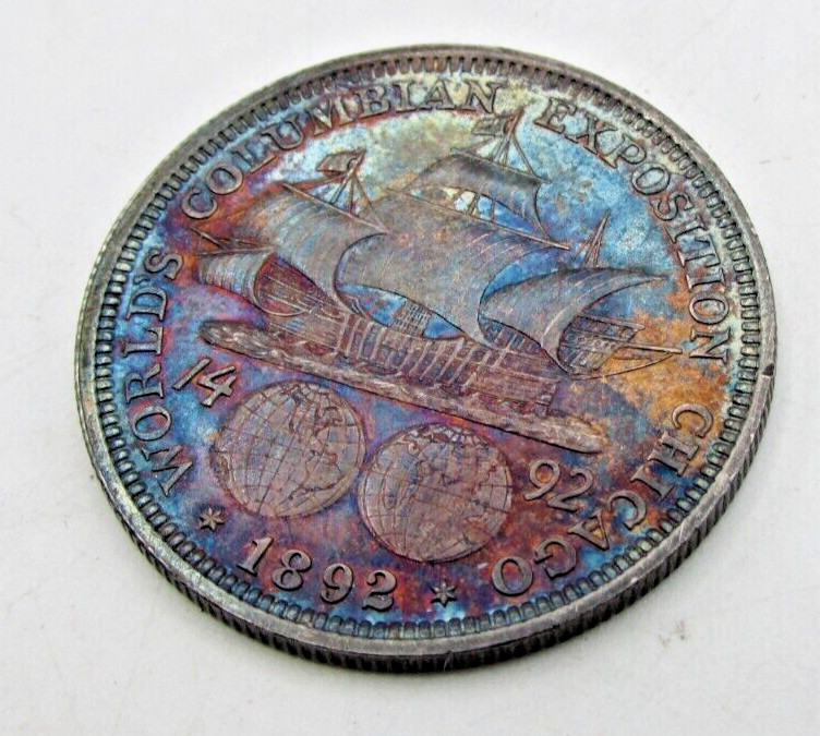1892 COLUMBIAN EXPO COMMEMORATIVE SILVER HALF DOLLAR RAINBOW TONED US