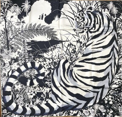 【HERMES】エルメス カシシル 140 TYGER TYGER NOIR Hermes Scarf Stole Tyger Tyger Black White Tiger Alice