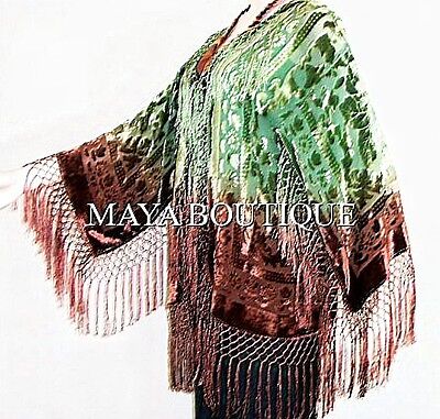 Pre-owned Maya Matazaro Burnout Velvet Fringe Jacket Kimono Short, Hand Dyed Brown Green  In Brown Green Ombree