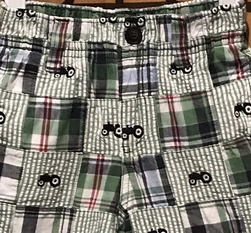Gymboree Toddler Boy’s 2T Shorts Elastic Waist Green Patchwork Black Tractors