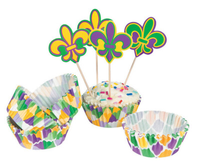 MARDI GRAS Party 12 CUPCAKE LINERS w/12 TOPPERS/Picks fleurs-de-lis New Orleans