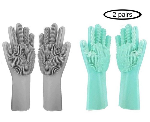 JWQ Dishwashing Silicone Scrubber Gloves with Bristles 2 Pairs