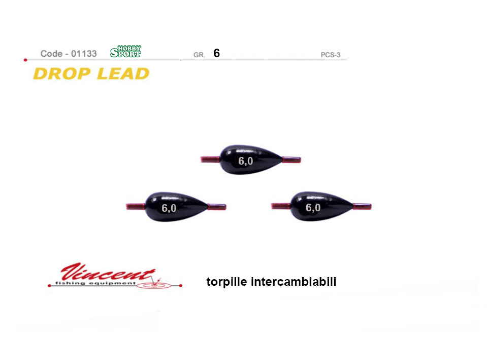 2 BUSTE DROP LEAD TORPILLE INTERCAMBIABILI 6 GR  VINCENT CONF DA 3 PZ