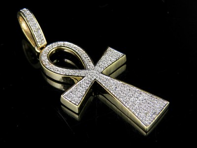 Pre-owned Jewelry Unlimited Men's 10k Yellow Gold Genuine Diamond Egyptian Ankh Cross Pendant 1/5 Ct 1.4" In H-i