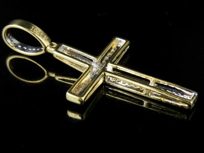 Pre-owned Jewelry Unlimited Men's 10k Yellow Gold 2 Rows Genuine Diamond Cross Pendant Charm 0.12 Ct 1.5" In H-i