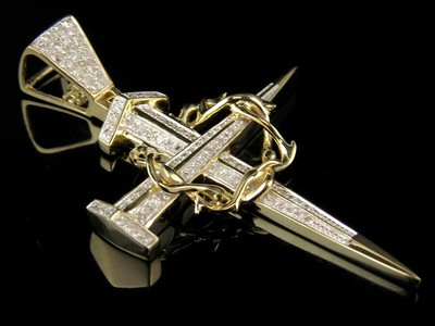 Pre-owned Jewelry Unlimited 10k Yellow Gold Crown Of Thorns Nail Cross Genuine Diamond Pendant Charm .38 Ct In H-i