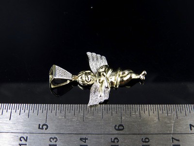 Pre-owned Jewelry Unlimited Men's 10k Yellow Gold Real Diamond Wing Angel Cherub Pendant Charm 0.15ct 1.5" In H-i