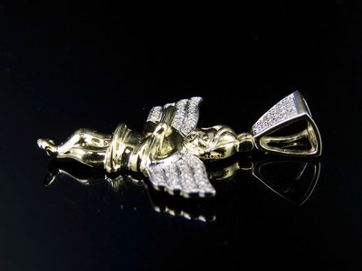 Pre-owned Jewelry Unlimited Men's 10k Yellow Gold Real Diamond Wing Angel Cherub Pendant Charm 0.15ct 1.5" In H-i