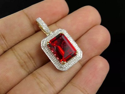 Emerald Lab-Created Red Garnet Diamond Wedding Pendant 14K Yellow Gold Plated